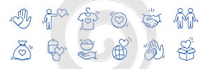 Charity hand, money, blood donation doodle line icon. Charity volunteer, support, blood donor concept icon set