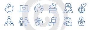 Charity hand, money, blood donation doodle line icon. Charity volunteer, support, blood donor concept icon set
