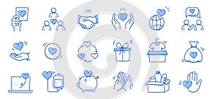 Charity hand, money, blood donation doodle line icon. Charity volunteer, support, blood donor concept icon set