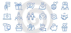 Charity hand, money, blood donation doodle line icon. Charity volunteer, support, blood donor concept icon set