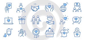 Charity hand, money, blood donation doodle line icon. Charity volunteer, support, blood donor concept icon set