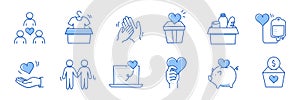 Charity hand, money, blood donation doodle line icon. Charity volunteer, support, blood donor concept icon set