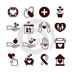 Charity hands, care and protection, fundraising service, donation, nonprofit organization, affection vector icons