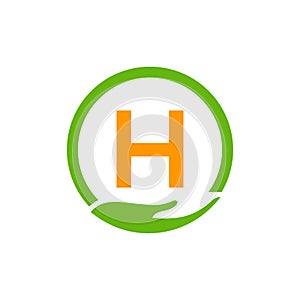 Charity Help Hands Logo On Letter H Concept Template. Care, Sharing, Charity, Medical Health, Donation Organization H Logotype
