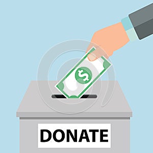 Charity icon concept. Hand putting money coin in the donation box - Vector