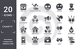 charity icon set. include creative elements as charity shop, human, solidarity, voluntary service, dog pawprint, shelter filled