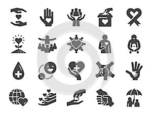 Charity icon set. Included icons as kind, care, help, share, good, support and more.
