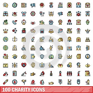 100 charity icons set, color line style