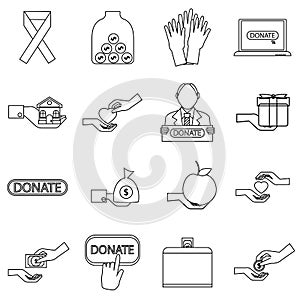 Charity icons set, outline style