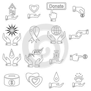 Charity icons set, outline style