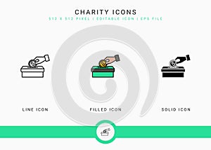 Charity icons set vector illustration with solid icon line style. Charitable give back concept.