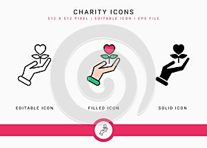 Charity icons set vector illustration with solid icon line style. Donation love support concept.