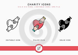 Charity icons set vector illustration with solid icon line style. Donation love support concept.