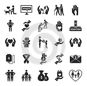 Charity icons. Volunteer helping, world social communities symbols. Donation service or child support, fundraiser