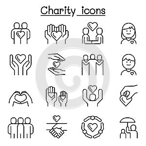 Charity, Kindness, Friendship, care icon set in thin line style