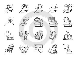 Charity line icon set. Included the icons as a donation, donate, social issues, give, take, and more.