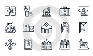 Charity line icons. linear set. quality vector line set such as food, church, donation, water bottle, transfer, vest, public