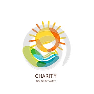 Charity logo design template. Abstract colorful sun on human hand.