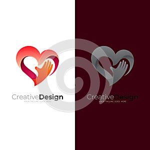 Charity logo with love design template, heart and hand logos