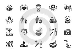Charity, social worker glyph icons. Vector illustration included icon as donate food, humanitarian aid, pantry, homeless