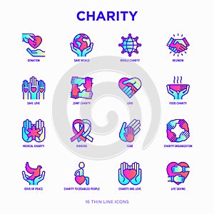 Charity thin line icons set: donation, save world, reunion, humanitarian aid, ribbon, medical support, charity to disabled people