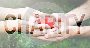 Charity Transparent Text Effect, old and young hands, red heart image cut, white background.