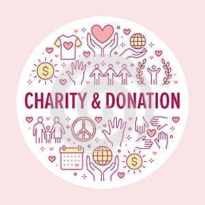 Charity vector circle banner with flat line icons. Donation, nonprofit organization, NGO, giving help illustration