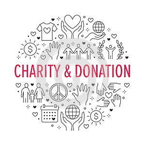 Charity vector circle banner with flat line icons. Donation, nonprofit organization, NGO, giving help illustration