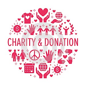 Charity vector circle banner with flat silhouette icons. Donation, nonprofit organization, NGO, giving help illustration