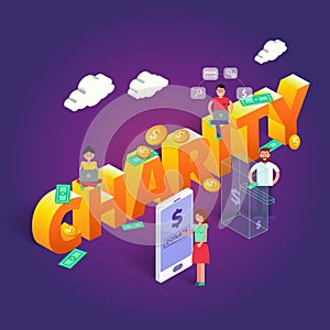 Charity vector illustration. Crowdfunding concept with people th