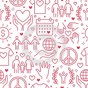 Charity vector seamless pattern with flat line icons. Donation, nonprofit organization, NGO, giving help illustrations