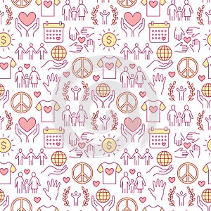 Charity vector seamless pattern with flat line icons. Donation, nonprofit organization, NGO, giving help illustrations