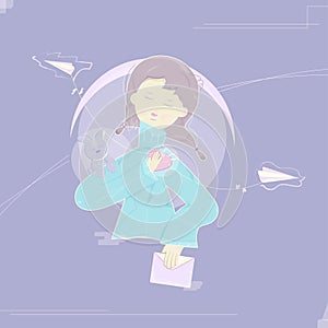 Vector illustration devoted to the social problems such us loneliness and disunity between people imaging a smiling girl photo