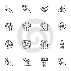Charity and volunteer line icons set