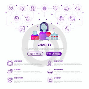 Charity web page template in flat gradient style: woman in glasses with heart in hand, donation box and volunteers hands. Modern