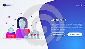 Charity web page template in flat style: woman in glasses with heart in hand, donation box and volunteers hands. Modern vector