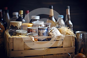 Charity wooden box full of nonperishable food.