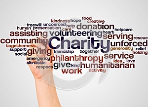 Charity word cloud and hand with marker concept