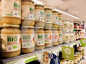 Apple sauce / Compote de pomme in a grocery store of Carrefour, gamme bio