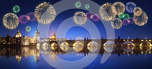 Charles Bridge and beautiful fireworks in Prague at night