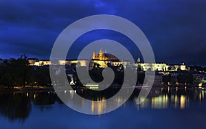 Charles Bridge and Castle in Prague at night.