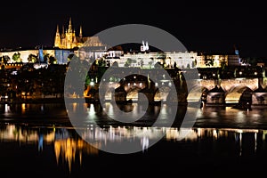 Charles bridge, famous landmark and travel destination at night in Prague, Czech Republic