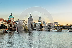 Charles Bridge,Karluv Most, Old Town, Vltava river,Prague, Czech Republic. Buildings and landmarks of Old town at sunset. Amazing
