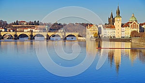 Panorama. Landmark attraction landscape in Prague: Charles Bridge - Karluv most - Vltava river - Czech Republic photo