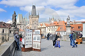 Charles Bridge with many artists and crafstmen selling their art