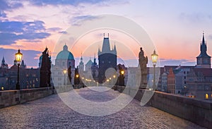 Charles Bridge. Night panorama of Prague, Czech Republic