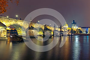 Charles Bridge at night in Prague, Czech Republic