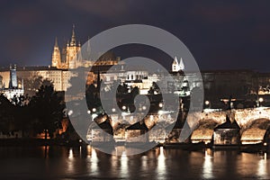 Charles Bridge at night in the rain in the Czech Republic