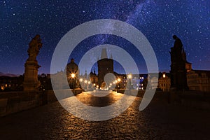 Charles bridge at night with starry sky