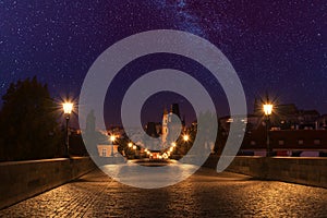 Charles bridge at night with starry sky